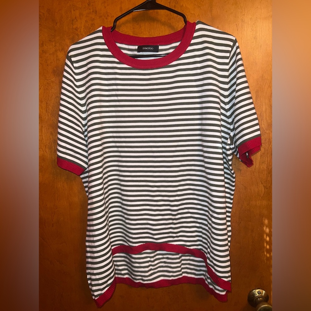 Doo.Ri Olive and White Striped Tee with Red Trim